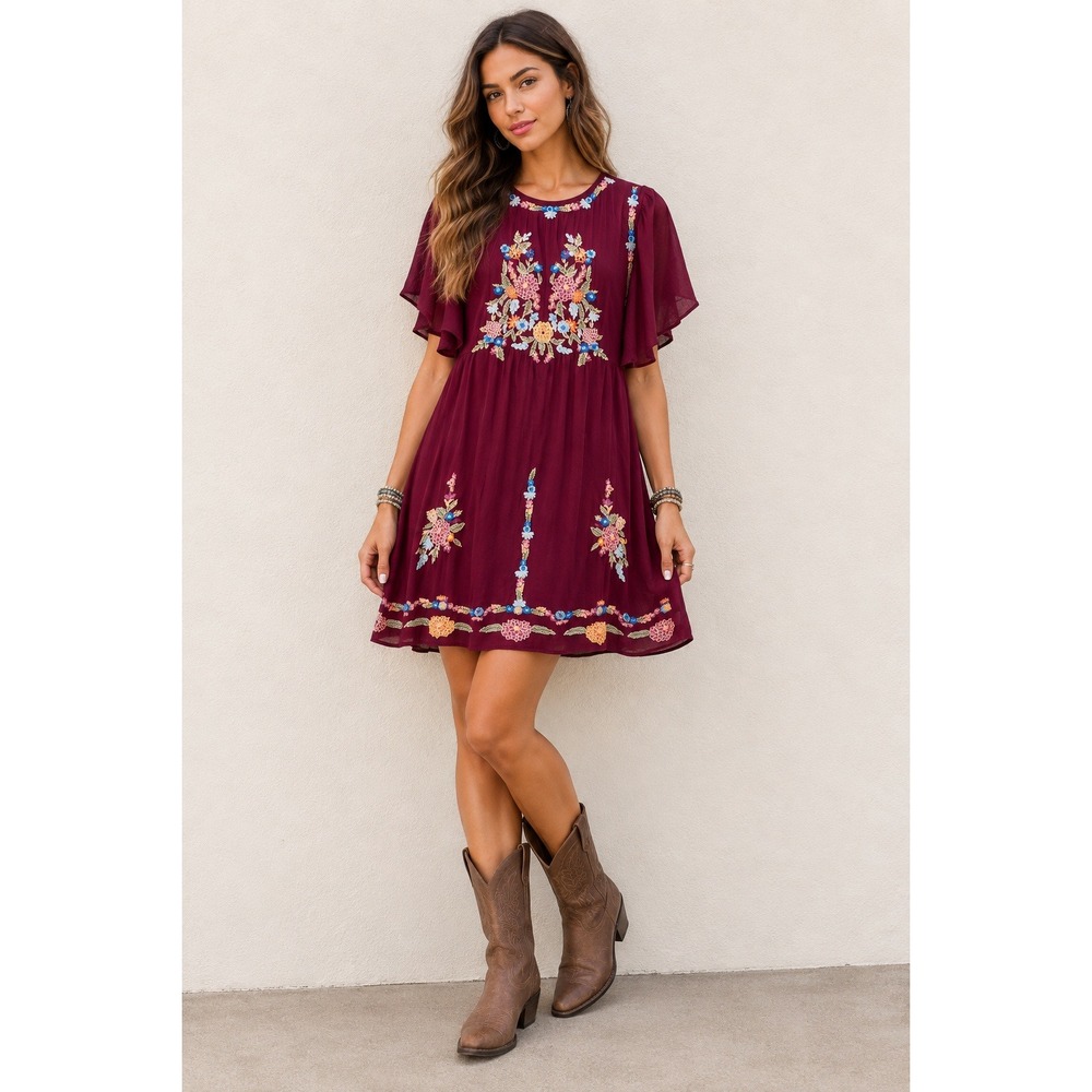 Entro Boho Embroidered Floral Tunic Mini Dress‎ Women Size S Maroon Cottagecore